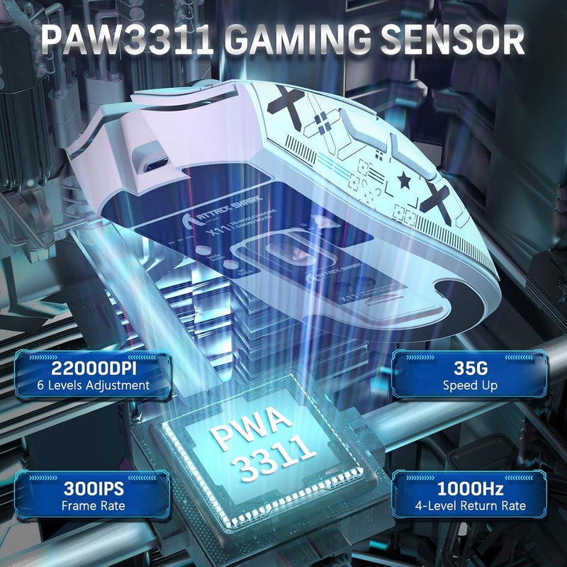 Magic-Refiner Attack Shark X11 59g Superlight Wireless Gaming Mouse with Grip Tape, RGB Charging Dock，BT/2.4G Wireless/Wired Pc Mouse, 22000 DPI,5 Programmable Buttons for Pc/Mac(White) - Image 4